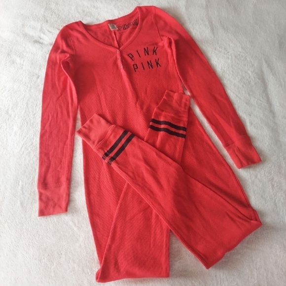 PINK Victoria's Secret Other - 🍬3xHP🍬 PINK VS Henley "Sleepover" Snap Flap Red & Black Stripe Thermal Onesie